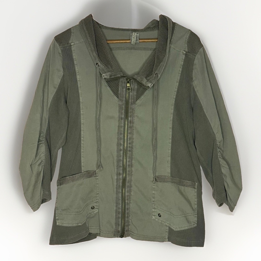 XCVI Wearables Jacket‎ Women XL Green Brown Military Utility Hooded Stretch